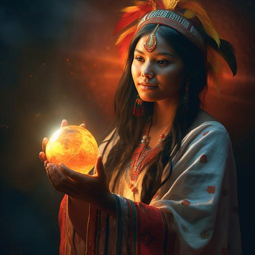 high resolution 4k award winning fantasy artwork of A stunningly gorgeous young traditional Apalachee Indian woman from northern Florida in a dark room carefully upholding in her hands a sun like orb that’s glowing vibrantly like the sun and brightly and dramatically illuminating her beautiful face with colors as she hands the sun like orb kindly to the viewer warmly smiling, her dress is very traditional Apalachee Indian style --v 5.0 --s 750
