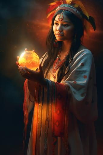 high resolution 4k award winning fantasy artwork of A stunningly gorgeous young traditional Apalachee Indian woman from northern Florida in a dark room carefully upholding in her hands a sun like orb that’s glowing vibrantly like the sun and brightly and dramatically illuminating her beautiful face with colors as she hands the sun like orb kindly to the viewer warmly smiling, her dress is very traditional Apalachee Indian style --v 5.0 --s 750 --ar 2:3