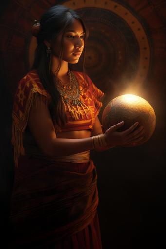 high resolution 4k award winning fantasy artwork of A stunningly gorgeous young traditional Apalachee Indian woman from northern Florida in a dark room carefully upholding in her hands a sun like orb that’s glowing vibrantly like the sun and brightly and dramatically illuminating her beautiful face with colors as she looks down on the sun like orb kindly and warmly smiling, her dress is very traditional Apalachee Indian style --v 5.0 --s 750 --ar 2:3