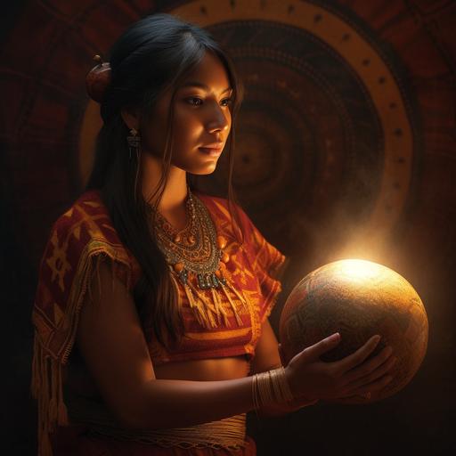high resolution 4k award winning fantasy artwork of A stunningly gorgeous young traditional Apalachee Indian woman from northern Florida in a dark room carefully upholding in her hands a sun like orb that’s glowing vibrantly like the sun and brightly and dramatically illuminating her beautiful face with colors as she looks down on the sun like orb kindly and warmly smiling, her dress is very traditional Apalachee Indian style --v 5.0 --s 750