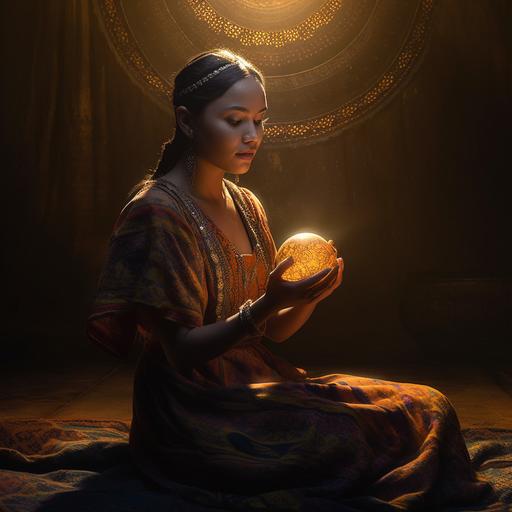 high resolution 4k award winning fantasy artwork of A stunningly gorgeous young traditional Apalachee Indian woman from northern Florida kneeling in a dark room carefully upholding in her hands a sun like orb that’s glowing vibrantly like the sun and brightly and dramatically illuminating her beautiful face with colors as she hands the sun like orb kindly to the viewer warmly smiling, her dress is very traditional Apalachee Indian style --v 5.0 --s 750