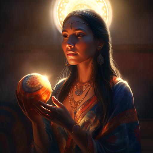 high resolution 4k award winning fantasy artwork of A stunningly gorgeous young traditional Apalachee Indian woman from northern Florida in a dark room carefully upholding in her hands a sun like orb that’s glowing vibrantly like the sun and brightly and dramatically illuminating her beautiful face with colors as she looks down on the sun like orb kindly and warmly smiling, her dress is very traditional Apalachee Indian style --v 5.0 --s 750
