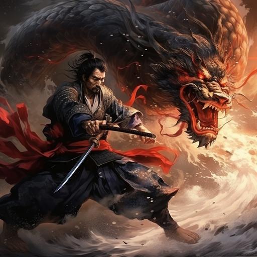 high resolution Illustration of a japanees samurai Fighting a dragon