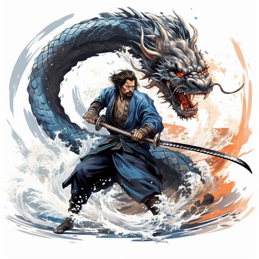 high resolution Illustration of a japanees samurai Fighting a dragon with transparent background