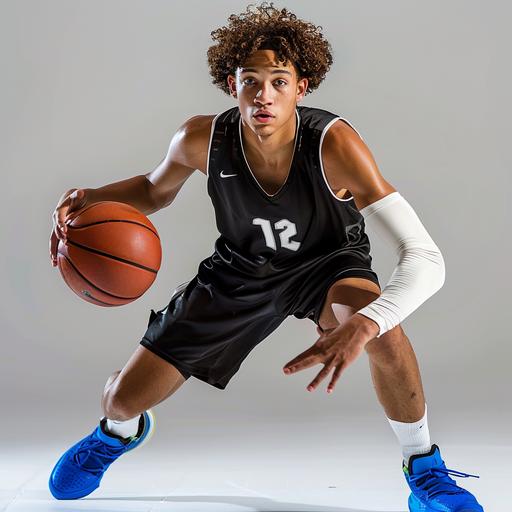 high school Basketball player in a black jersey, white arm sleeve, bright blue Nike shoes, Hispanic/lightskin male with green eyes, brown curls, 6’2 height point guard