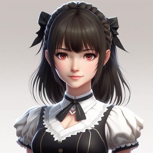 high school girl in maid outfit,3D,32K,high resolution, ultra-realistic hyper-detail, no deformation, no distortion, no repetition, no low-res, no plastic, plain white background, front facing,dark hair and chest length,smile,--ar5:8