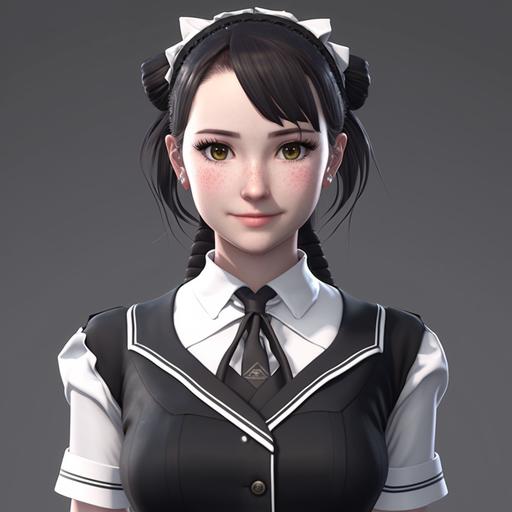 high school girl in maid outfit,3D,32K,high resolution, ultra-realistic hyper-detail, no deformation, no distortion, no repetition, no low-res, no plastic, plain white background, front facing,dark hair and chest length,smile,--ar5:8