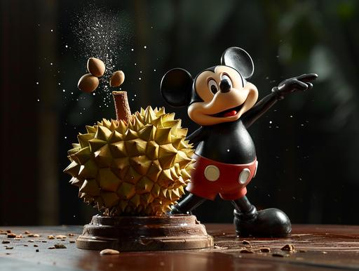 high-speed freeze-frame photo of a durian landing on Mickey Mouse's head --v 6.0 --ar 4:3