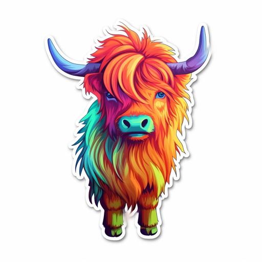 highland cow cartoon in rainbow colors sticker on white background