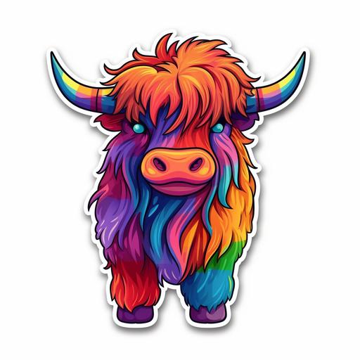 highland cow cartoon in rainbow colors sticker on white background