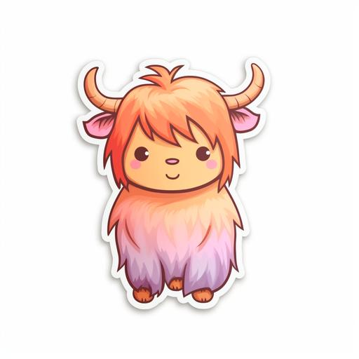 highland cow cartoon kawaii sticker in pastel colors on white background