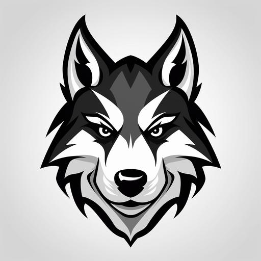 highly abstract, simplified, high contrast, black and white, confident, Huskie, dog, head only, no body, looking forward, symmetrical, in the style of a collegiate mascot vector art logo