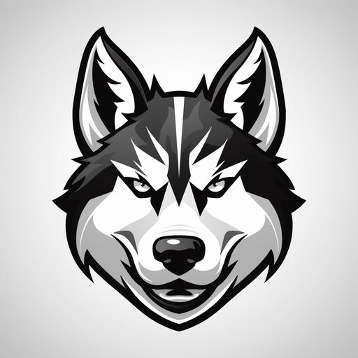 highly abstract, simplified, high contrast, black and white, confident, Huskie, dog, head only, no body, looking forward, symmetrical, in the style of a collegiate mascot vector art logo