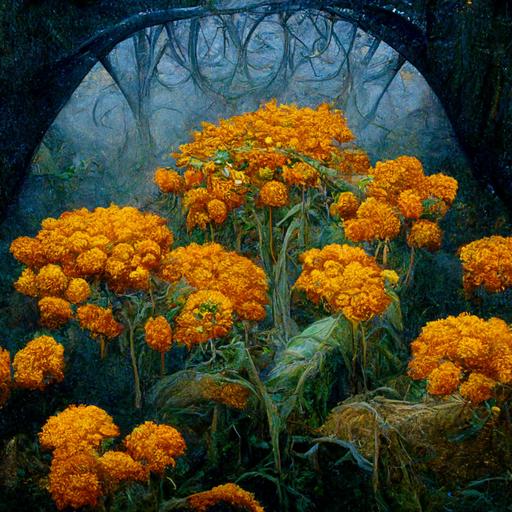 highly detailed Jean delville style painting of realistic field of marigolds with bridge made of marigolds leading to the afterlife Dia De Los Muertos cinematic lighting painted on paper hd