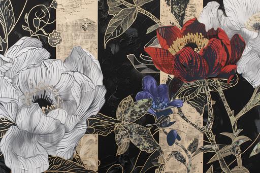 highly detailed and extremely large layered painting of some flowers and leaves in black and white and 'russet red' with touches of gold paint --ar 3:2 --v 6.0