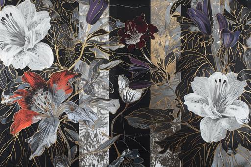 highly detailed and extremely large layered painting of some flowers and leaves in black and white and 'russet red' with touches of gold paint --ar 3:2 --v 6.0