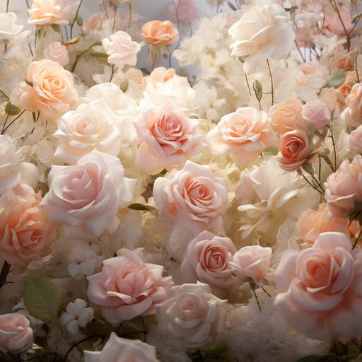 highly detailed ethereal rose garden with white light pink and peach colored roses