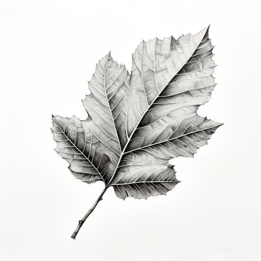 highly detailed pencil drawing of botanical illustration of a birch leaf illustration in black and white linocut on white background