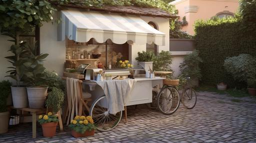 highly detailed photorealistic image of a beautiful ice cream and coffee cart in the courtyard of a villa surround my fruit trees --ar 16:9