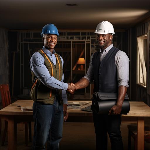 highly detailed picture of a caucasian contractor in a work vest with a hard hat shaking the hand of an african american real estate agent in a dark blue suit holding a briefcase while inside a house currently under construction