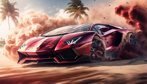 highly detailed, tuned lamborghini aventador, dark red metallic body paint, in a skid motion with smoke at sunny tropical beach --ar 16:9