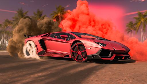 highly detailed, tuned lamborghini aventador, dark red metallic body paint, in a skid motion with smoke at sunny tropical beach --ar 16:9 --s 0