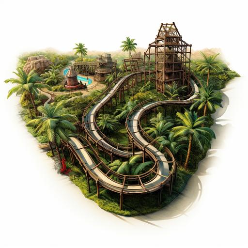 highly detailed ultra realistic png transparent birdseye view photograph of a tropical themed launch roller-coaster