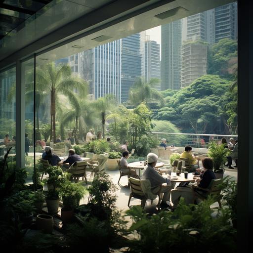 highly realistic highest definition futuristic chinese garden style semi open architecture in kennedy town hong kong with elderly people hanging out happily in different activities. some playing mahjong, some doing taichi. some taking walks, surrounded by trees and plants. while in modern glassy skyscrapers. 9:16