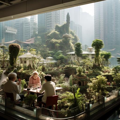 highly realistic highest definition futuristic chinese garden style semi open architecture in kennedy town hong kong with elderly people hanging out happily in different activities. some playing mahjong, some doing taichi. some taking walks, surrounded by trees and plants. while in modern glassy skyscrapers. 9:16