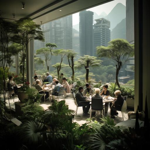 highly realistic highest definition futuristic chinese garden style semi open architecture in kennedy town hong kong with elderly people hanging out happily in different activities. some playing mahjong, some doing taichi. some taking walks, surrounded by trees and plants. while in modern glassy skyscrapers. 9:16