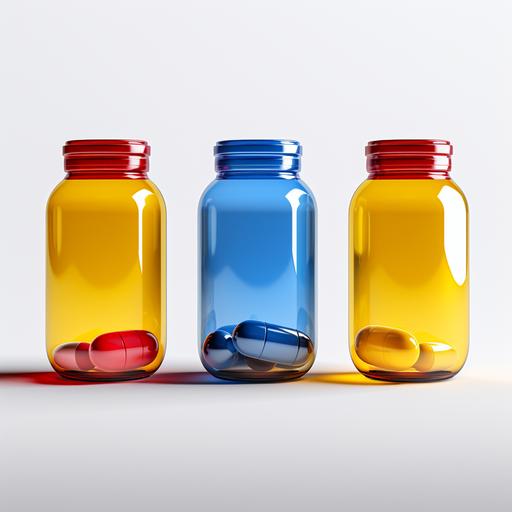 highly realistic image of 3 pharmacy pills containers the first container has blue pills, second has red pills, third one has yellow pills on a white background