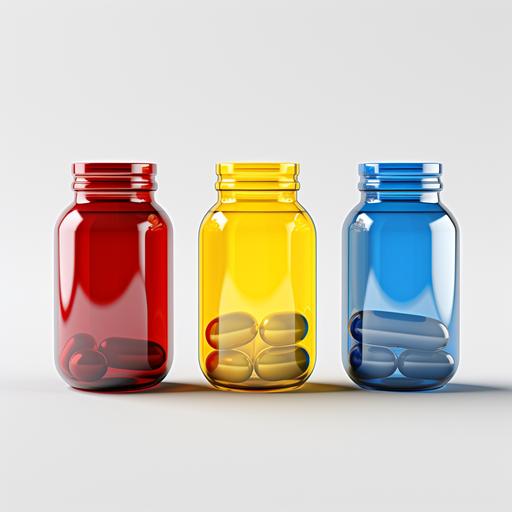 highly realistic image of 3 pharmacy pills containers the first container has blue pills, second has red pills, third one has yellow pills on a white background