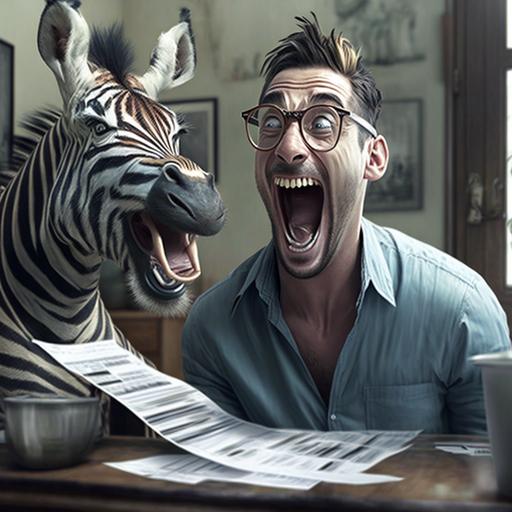 hilarious zebra investor broker laughing looking at his investments hyper realistic  (fast)
