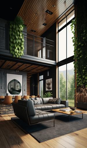 hills mansion interior decoration, living room, modern furniture modern industrial design, nature design, plants, wood, fresh, water font, architecture presentation, archviz, visualisation. Architecture photography, photo. High quality details --ar 3:5 --q 2