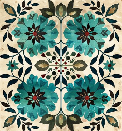 a floral tile with blue and green flowers, in the style of light turquoise and dark beige, graphic and symmetrical, geometric order, guercino, prudence heward, dark teal and light red, biblical motifs --ar 119:128 --v 6.0