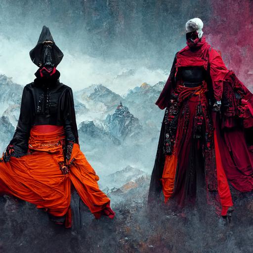 himalayan monk with white gay cyberpunk outfit ,old alchymist with red gay cyberpunk outfit, female witch with dark gay cyberpunk outfit, high detailed, ultra realistic,medieval background, 16:9