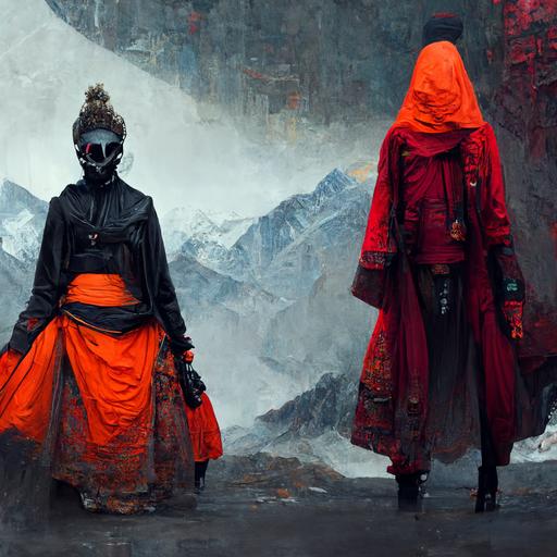 himalayan monk with white gay cyberpunk outfit ,old alchymist with red gay cyberpunk outfit, female witch with dark gay cyberpunk outfit, high detailed, ultra realistic,medieval background, 16:9
