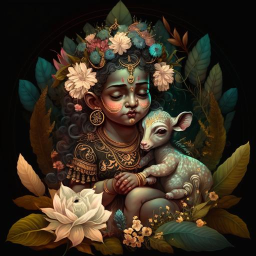 hindu god baby ram with sita, dark forest, shining leves and flowers
