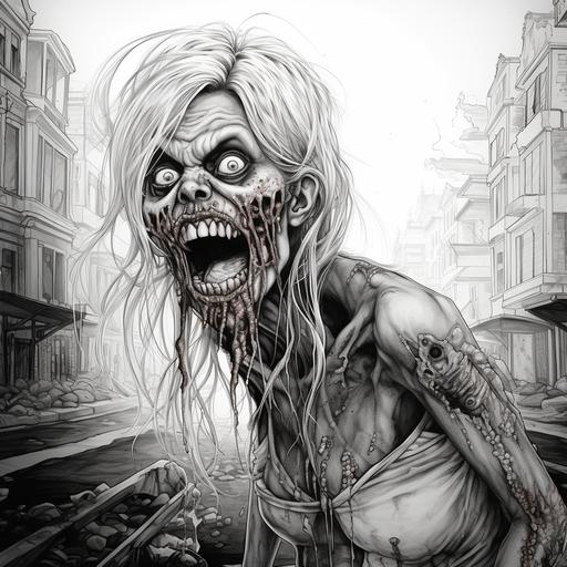 hiper realistic, zombie girl shoing teeth like from horror movies, biting human, creepy street in the background, coloring page like