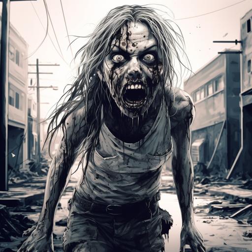hiper realistic, zombie girl shoing teeth like from horror movies, biting human, creepy street in the background, coloring page like