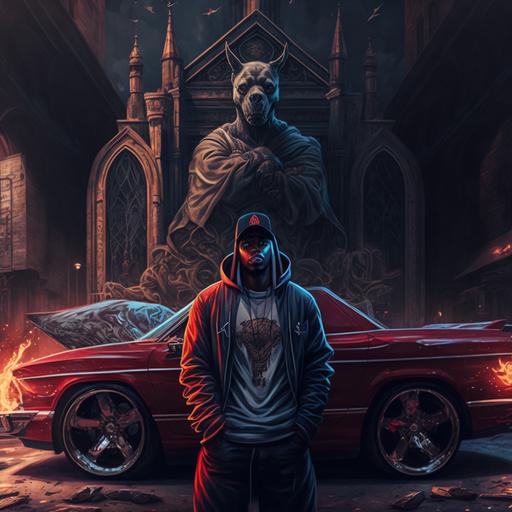 hiphop cover art, rap life, rapper, music, standing in satan church, west coast, ultra detailed, cars, ultra realistic, 8k, --v 4
