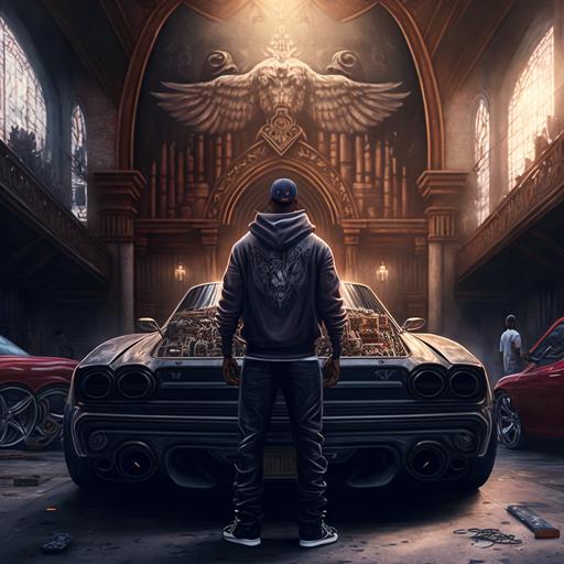 hiphop cover art, rap life, rapper, music, standing in satan church, west coast, ultra detailed, cars, ultra realistic, 8k, --v 4