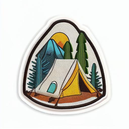 hippi colourful camping tent sticker, flat illustration on embroidery patch, white background