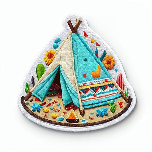 hippi colourful camping tent sticker, flat illustration on embroidery patch, white background