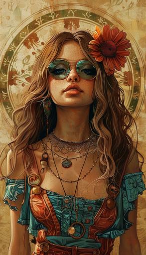 hippie girl with flower on her head, in the style of multidimensional shading, poodlepunk, nina valetova, naoto hattori, full body, jazzy, fashionable flair, 1970–present --ar 73:128 --stylize 250 --v 6.0