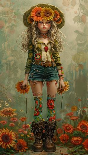 hippie girl with flower on her head, woodstock, in the style of multidimensional shading, poodlepunk, nina valetova, naoto hattori, full body, jazzy, fashionable flair, 1970–present --ar 73:128 --stylize 250 --v 6.0