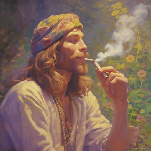 hippie smoking a pipe, smoke coming from pipe, side view, male hippie, man at peace, man smiling, medicine, painted style --v 5.1