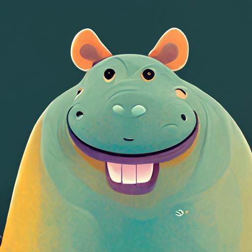 hippo , character, cartoon, smile, standing on 2 legs, facing left, , high resolution, bright, funny, high details