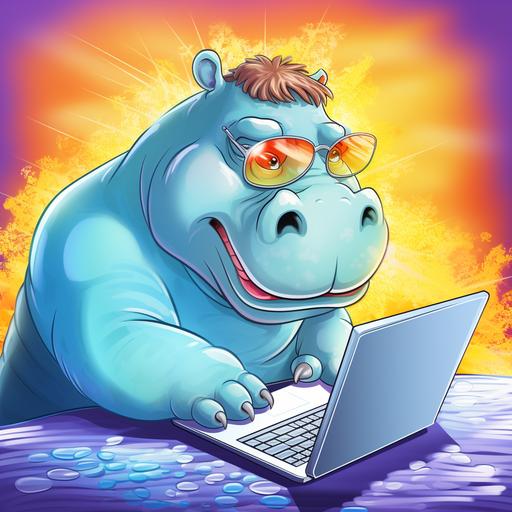 hippopotamus sitting in front of laptop, cartoon, colorful, light blue background