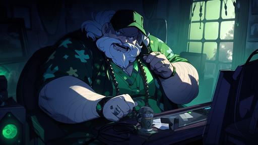 hirsute irish elderly overweight twitch streamer Carlito-Chan in his scary basement streaming, Leprechaun costume, highly detailed, dreamlike, vivid colors, high contrast --niji 5 --ar 16:9 --s 250